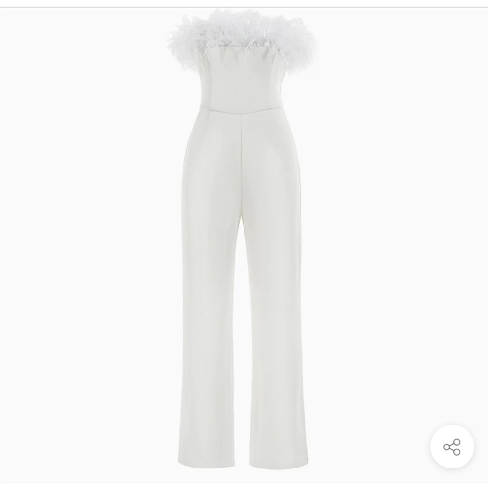 UNIQUE FEATHER TRIM STRAPLESS WIDE LEG JUMPSUIT - WHITE